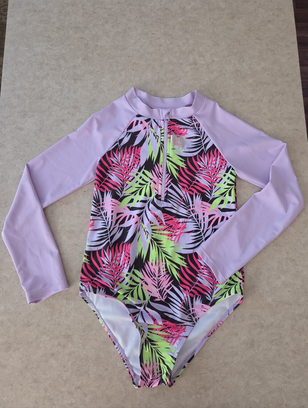 Betsey Johnson Lilac Sleeve Neon Tropical Leaf Zip Front One-Piece Swimsuit